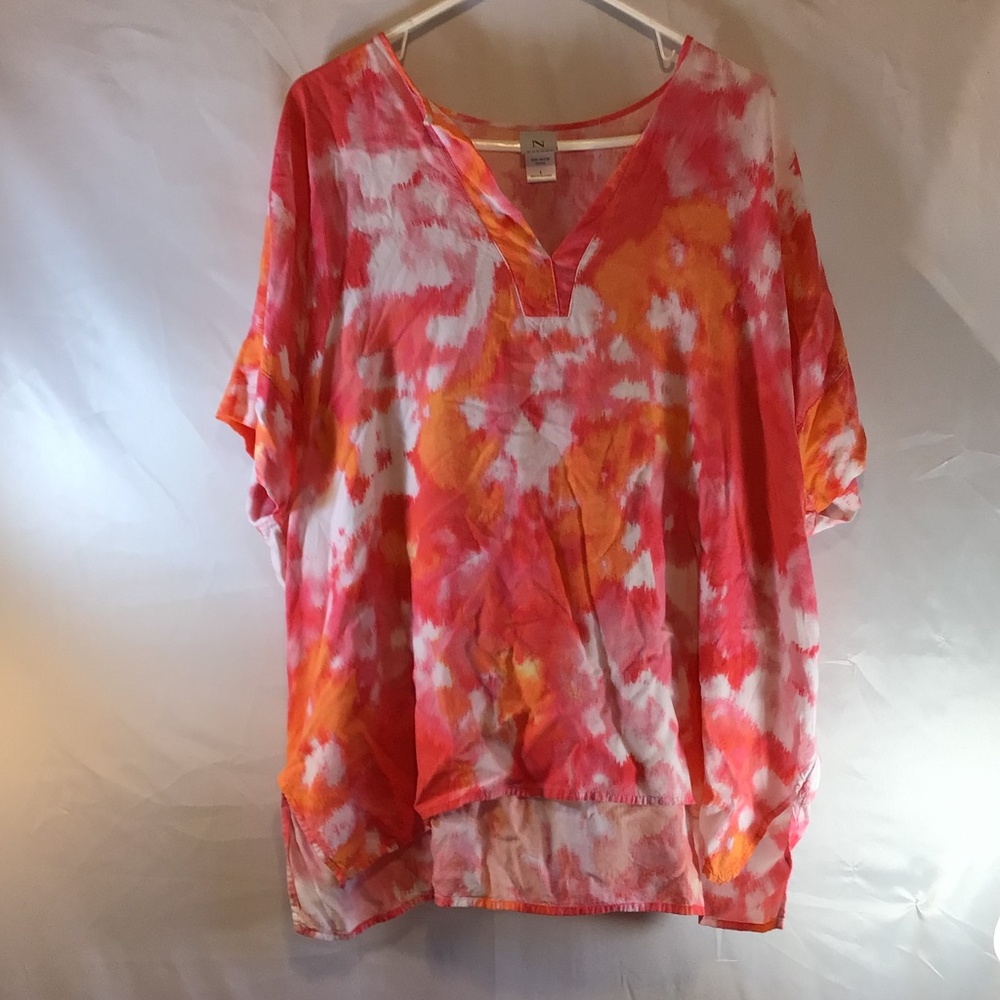 Natori Tie Dye Tunic Blouse Large Boxy Oversized Boho Resort Vacation Flowy Top